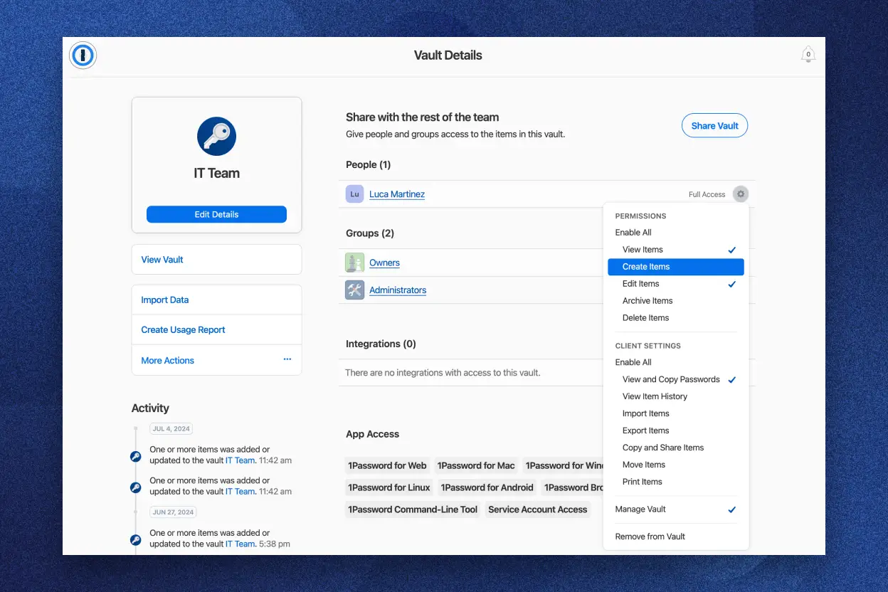 1Password Extended Access Management interface showing IT team management with vault sharing permissions
