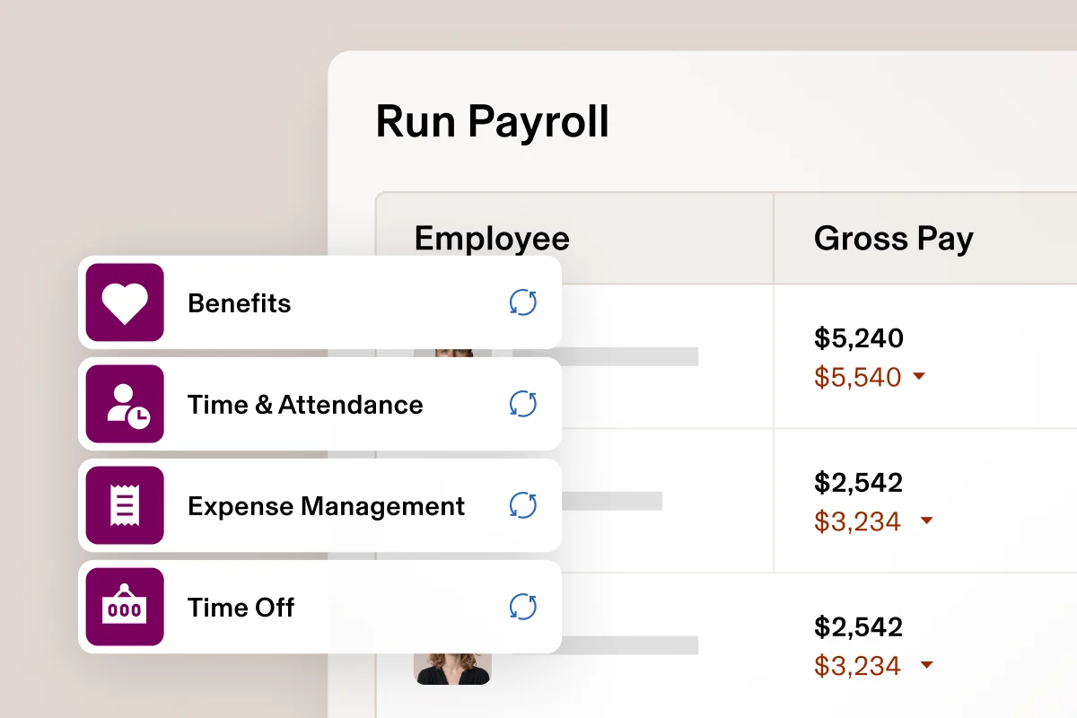 Rippling run payroll screen showing sync from benefits, time attendance, and expense data