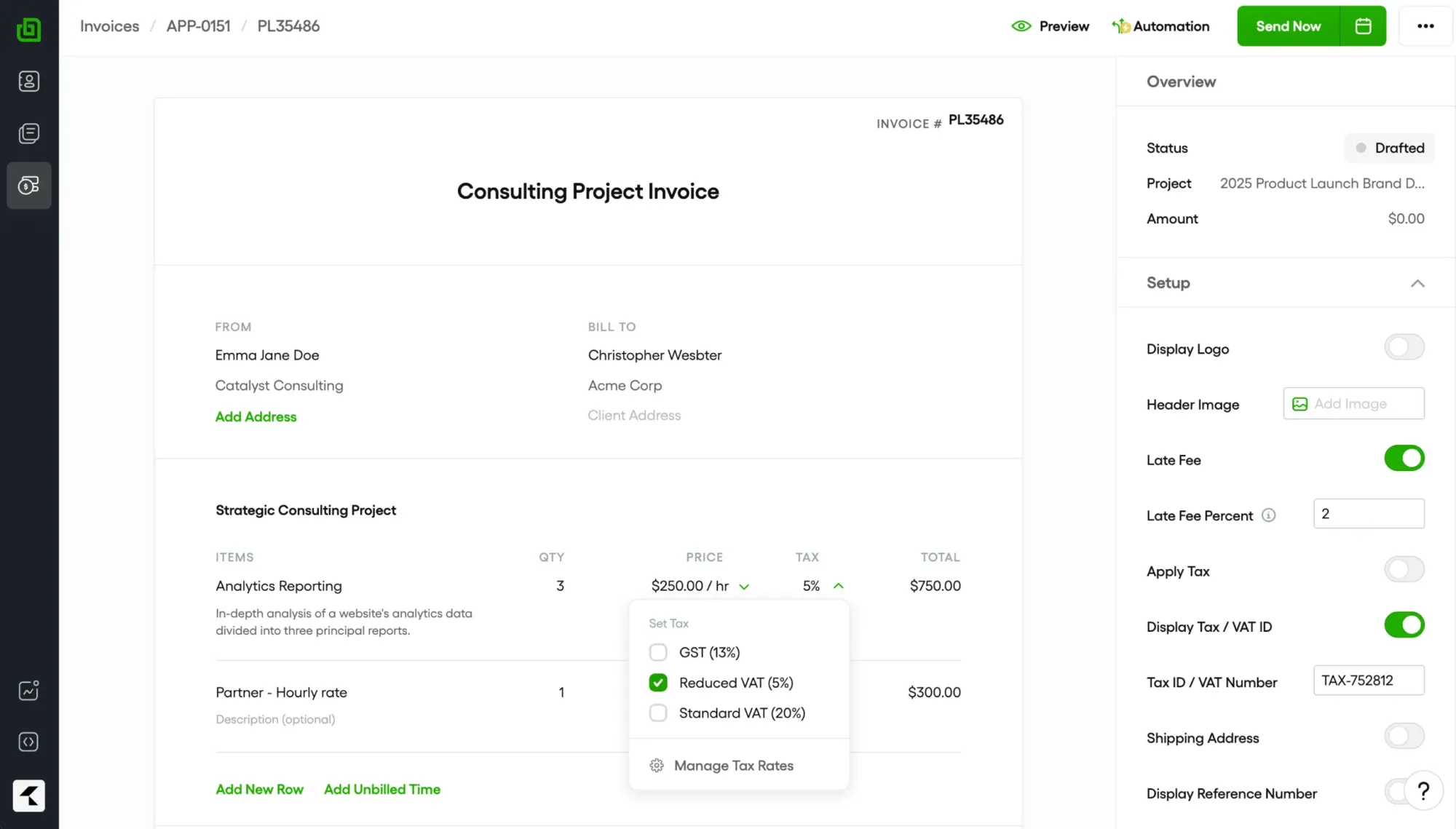 Bonsai invoicing interface showing freelance invoice creation and contract integration