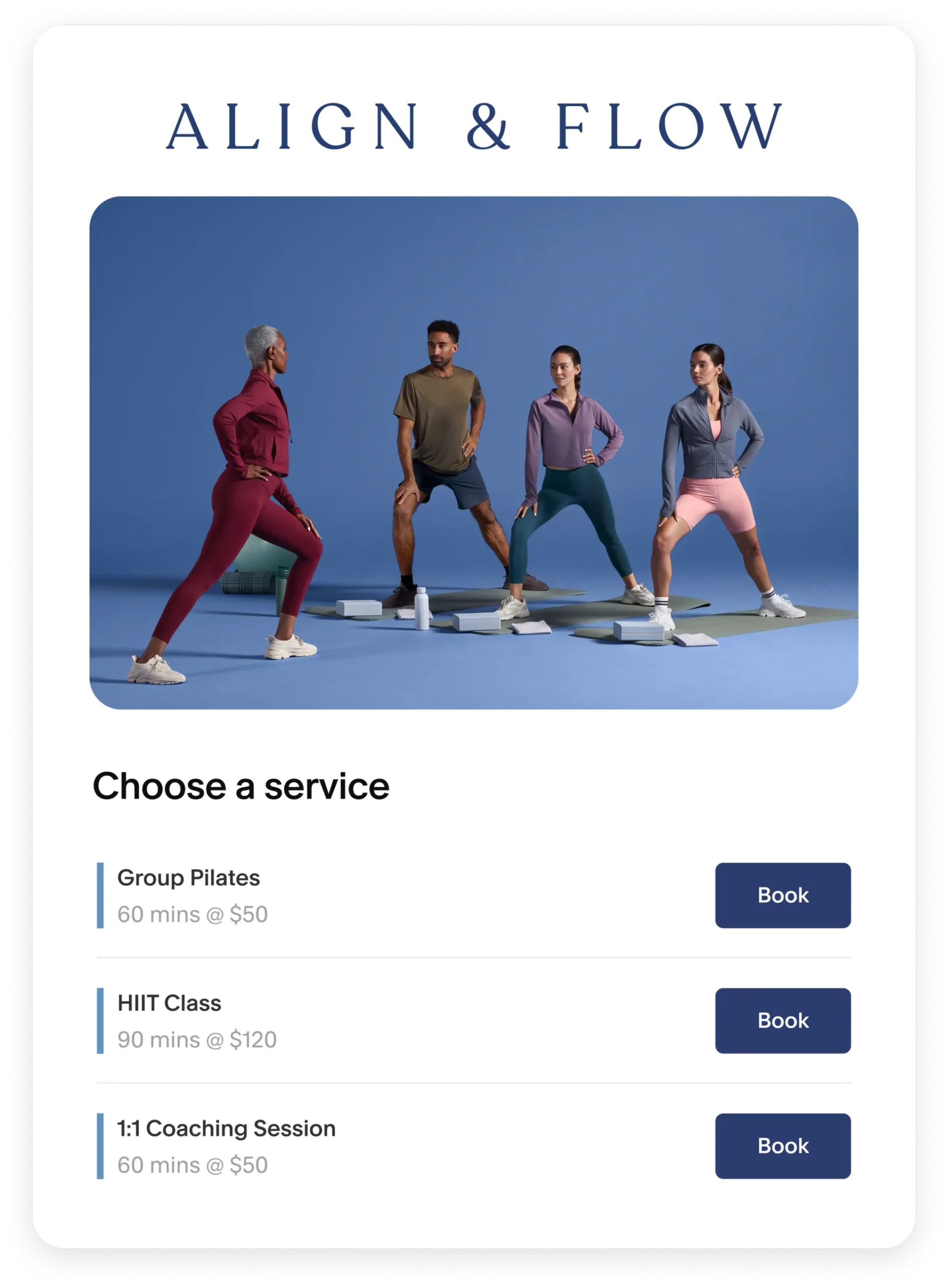 Acuity Scheduling booking website showing available appointment times and service selection