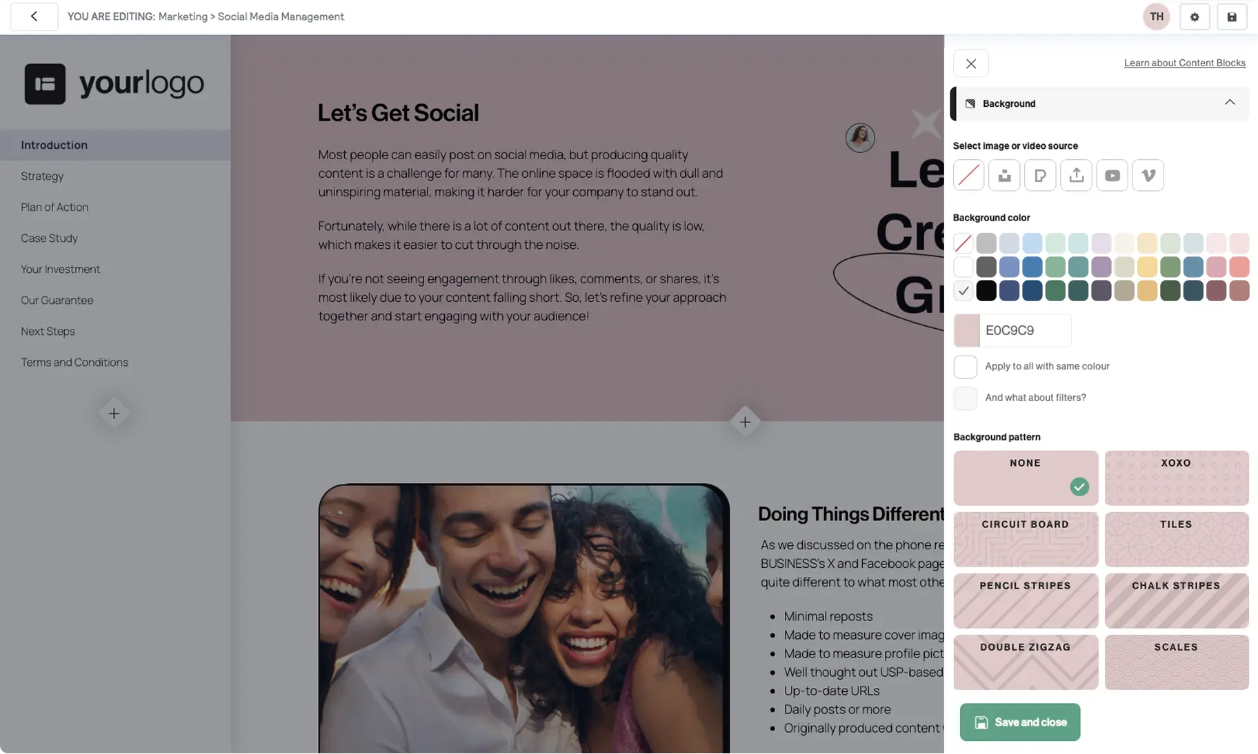 Better Proposals software interface showing proposal editor with templates