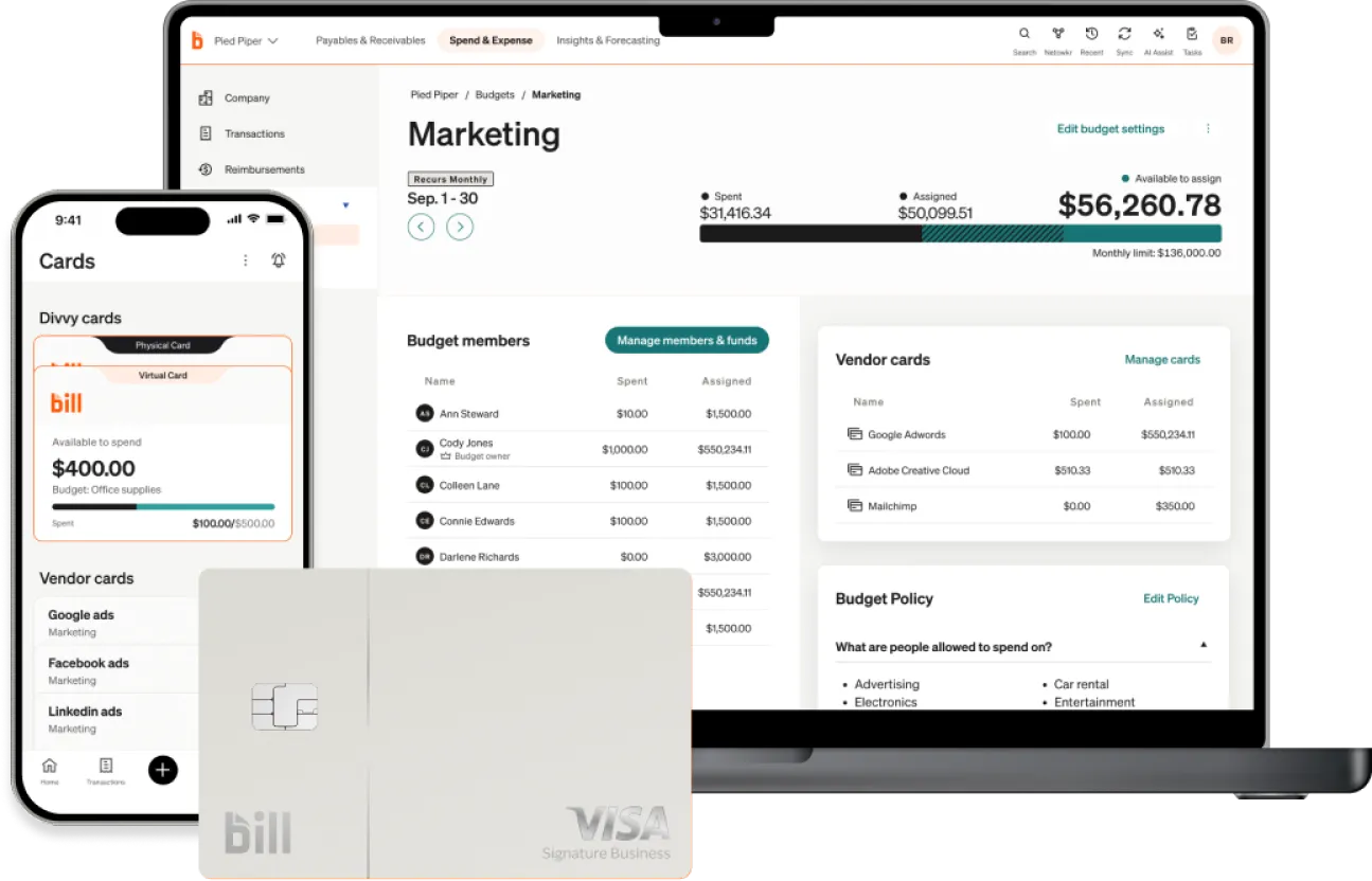 BILL Spend and Expense dashboard showing corporate card management and expense tracking on desktop and mobile (October 2026)