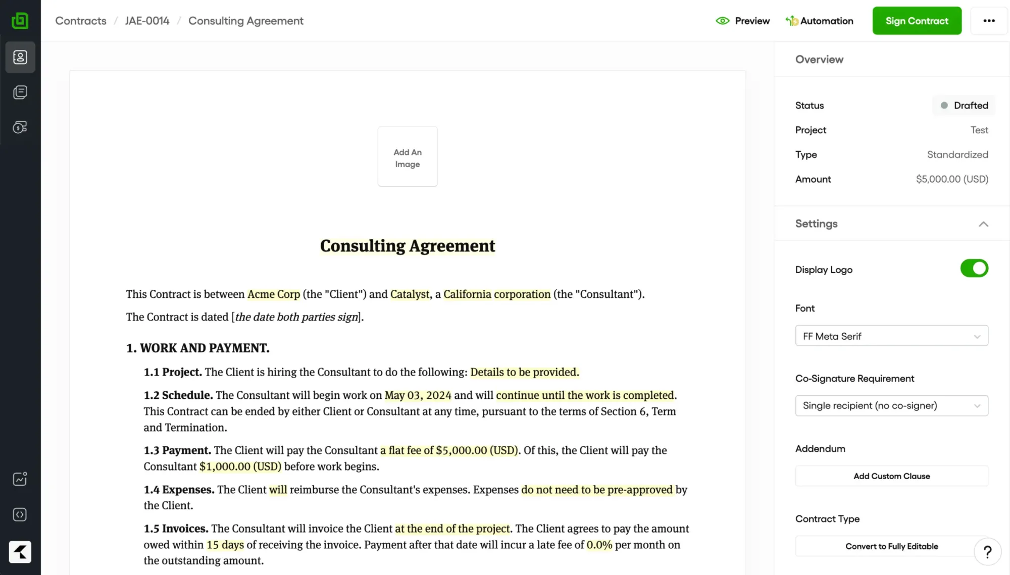 Bonsai contracts interface showing freelance contract management