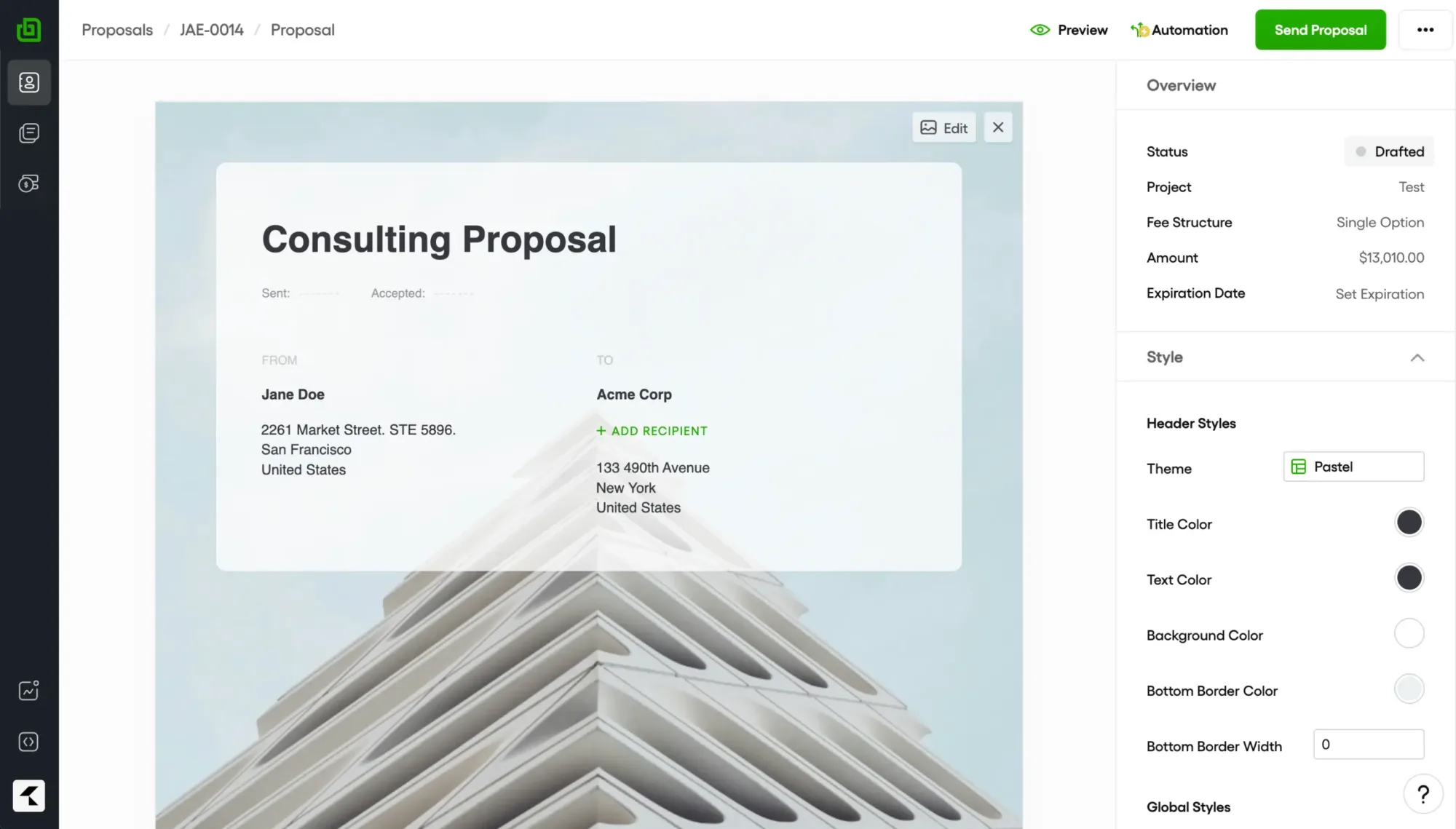 Bonsai proposals dashboard showing freelance proposal management interface
