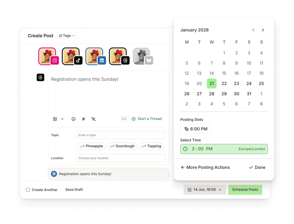 Buffer publish queue dashboard showing scheduled posts across multiple channels
