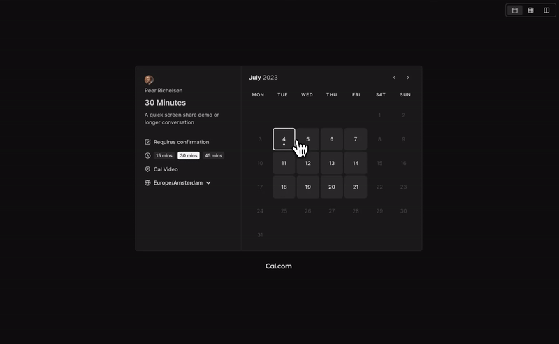 Cal.com booking screen showing event type selection and available scheduling slots