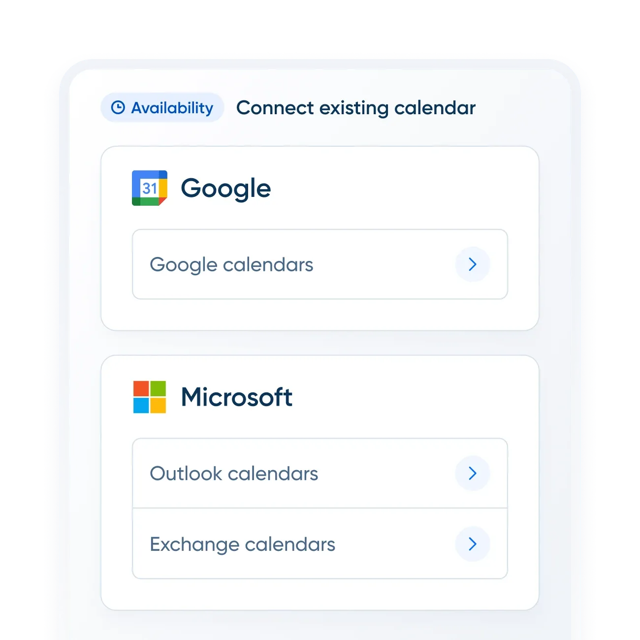 Calendly calendar connection setup screen showing Google Calendar and Outlook integration options