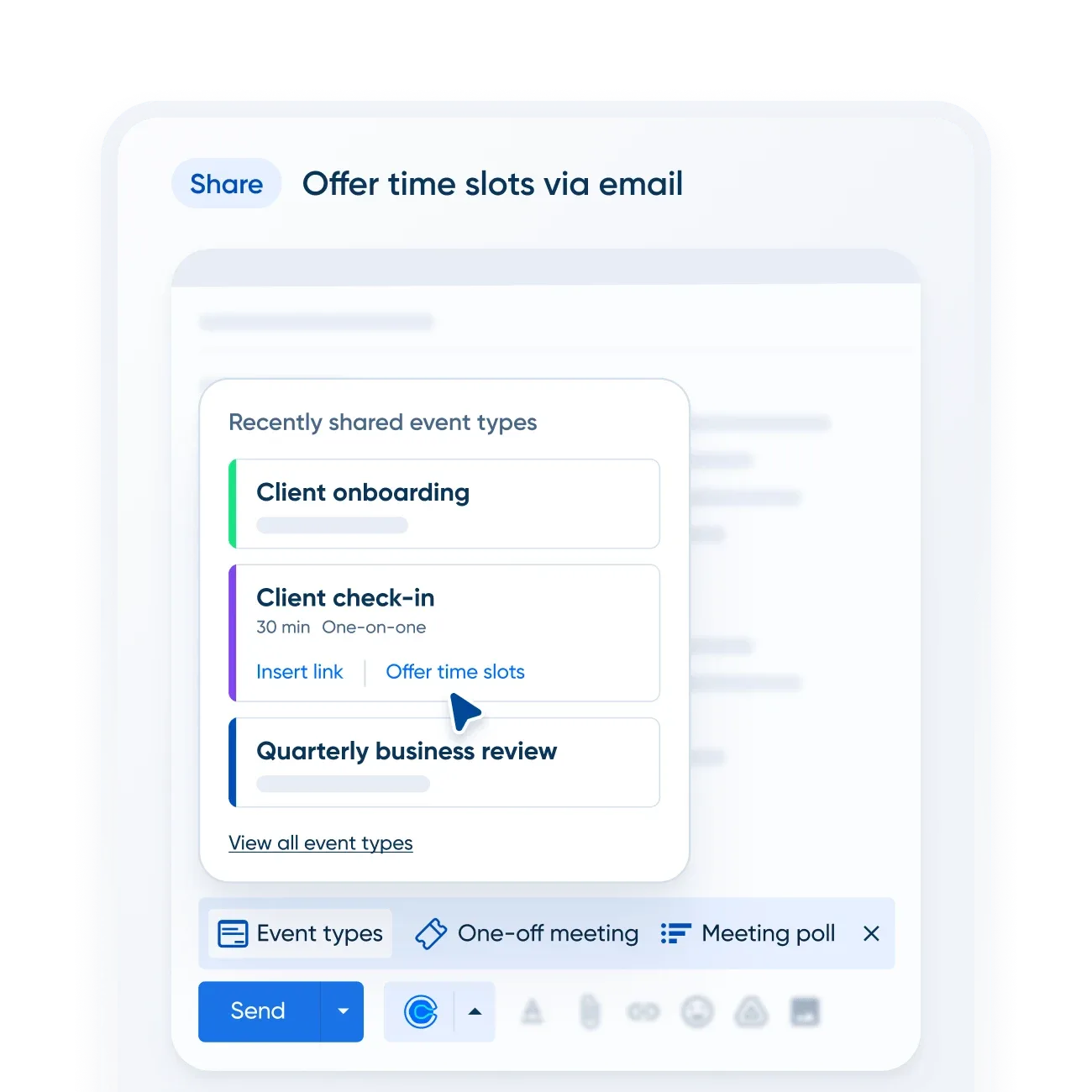 Calendly scheduling link sharing screen showing event type setup and booking link