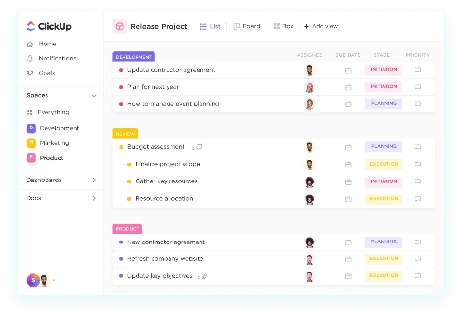 ClickUp nested subtasks feature showing hierarchical task breakdown for complex remote projects