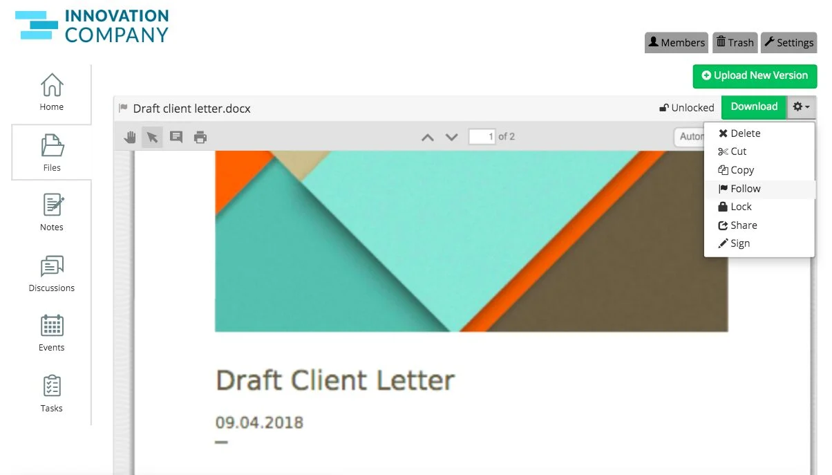 Clinked secure client portal showing file sharing and team collaboration workspace