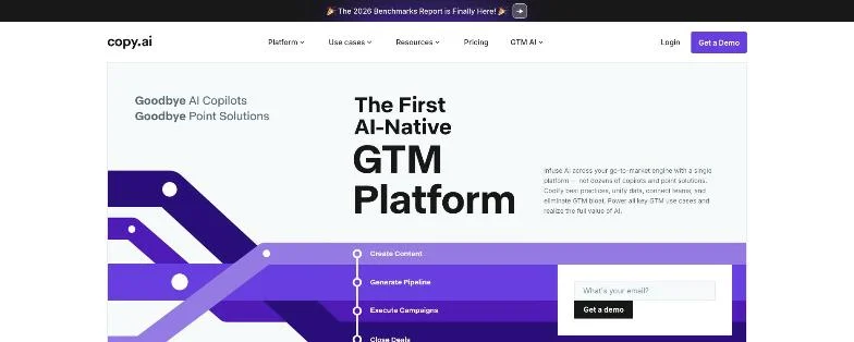 Copy.ai homepage showing AI workflow automation and marketing content generation interface