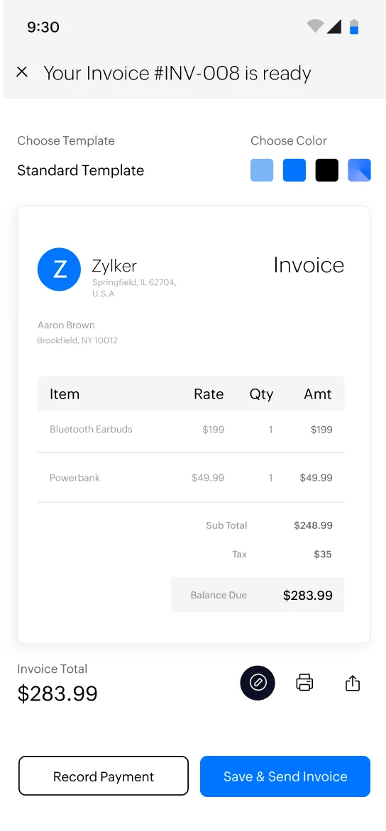 Zoho Invoice create invoice screen showing free invoice editor interface