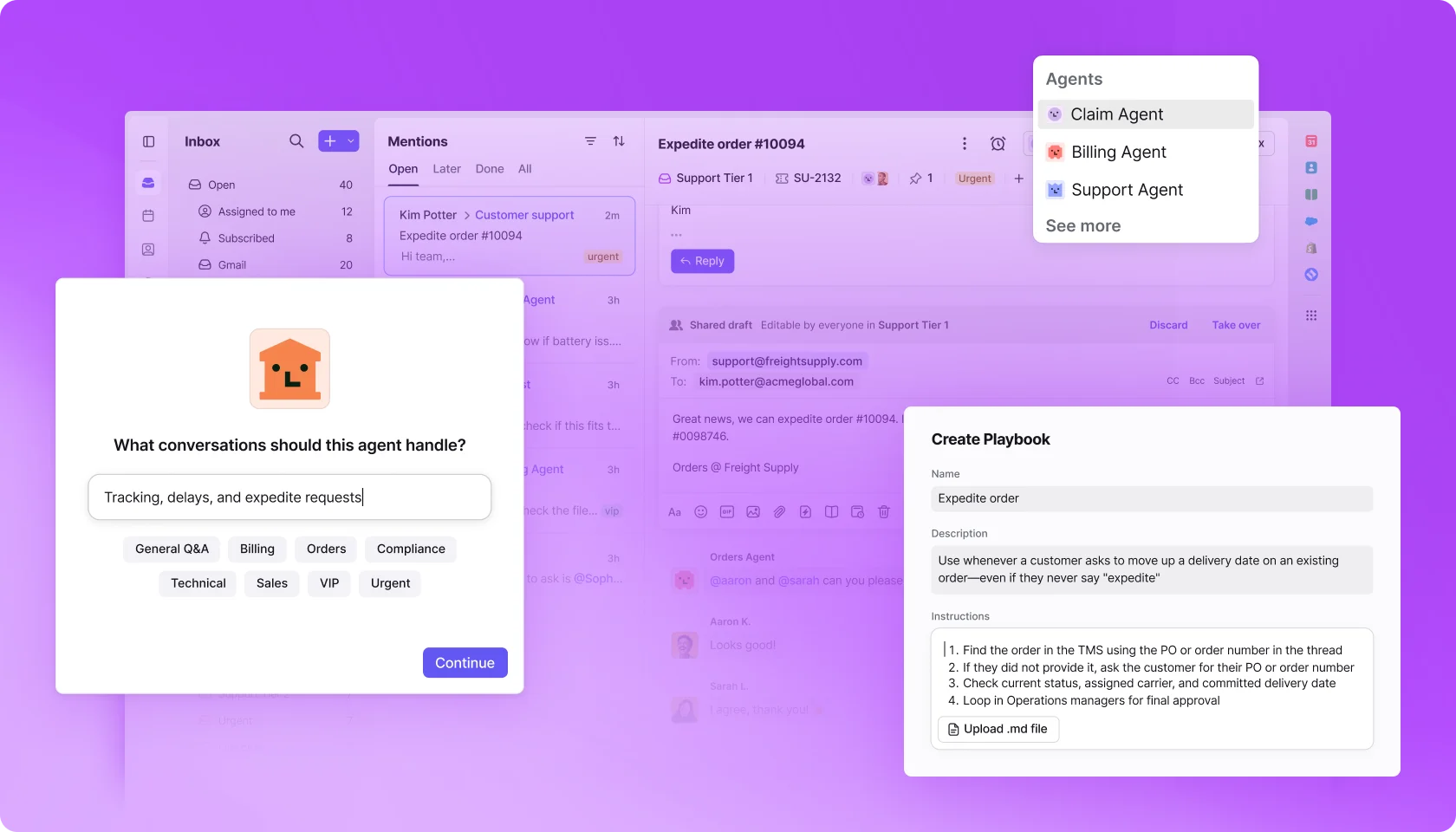 Front shared inbox interface showing team collaboration features on customer emails