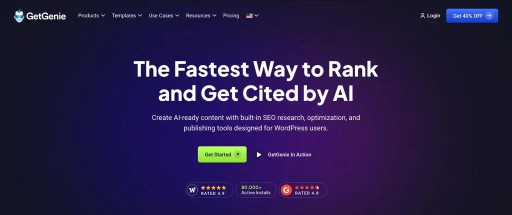 GetGenie AI writing tool homepage showing WordPress-native AI content creation with SEO research and NLP keyword features