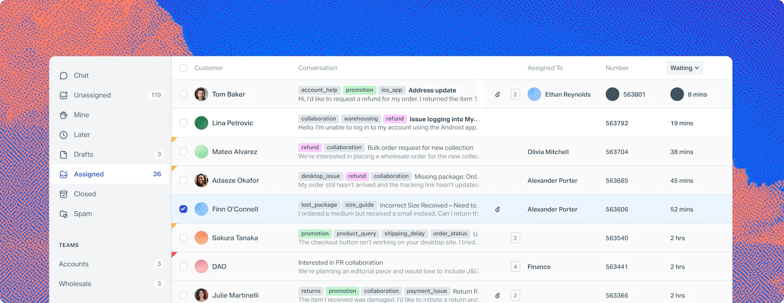 Help Scout shared inbox showing email conversations and team assignments