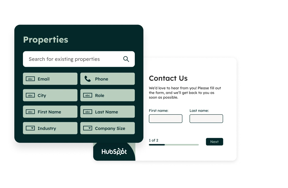 HubSpot form editor showing CRM contact sync and smart form features