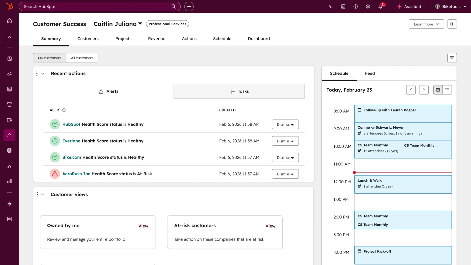HubSpot Service Hub customer success workspace showing support tickets linked to CRM contacts