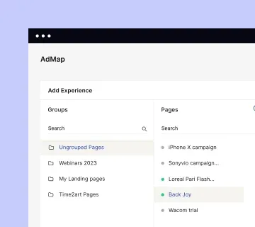 Instapage AdMap showing visual mapping of Google and Facebook ads to landing pages