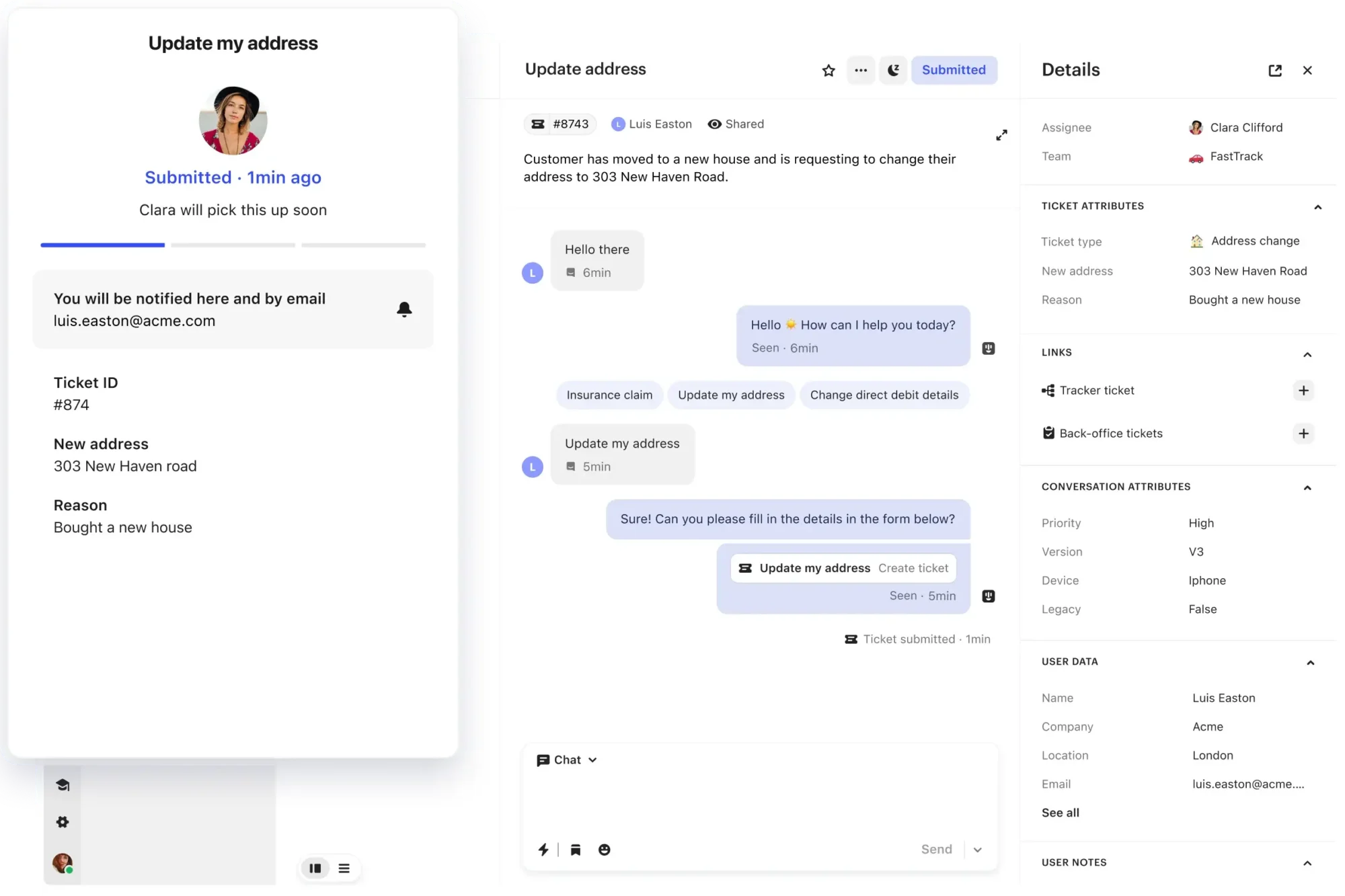 Intercom shared inbox showing AI-powered ticket handling with Fin AI and conversation threads