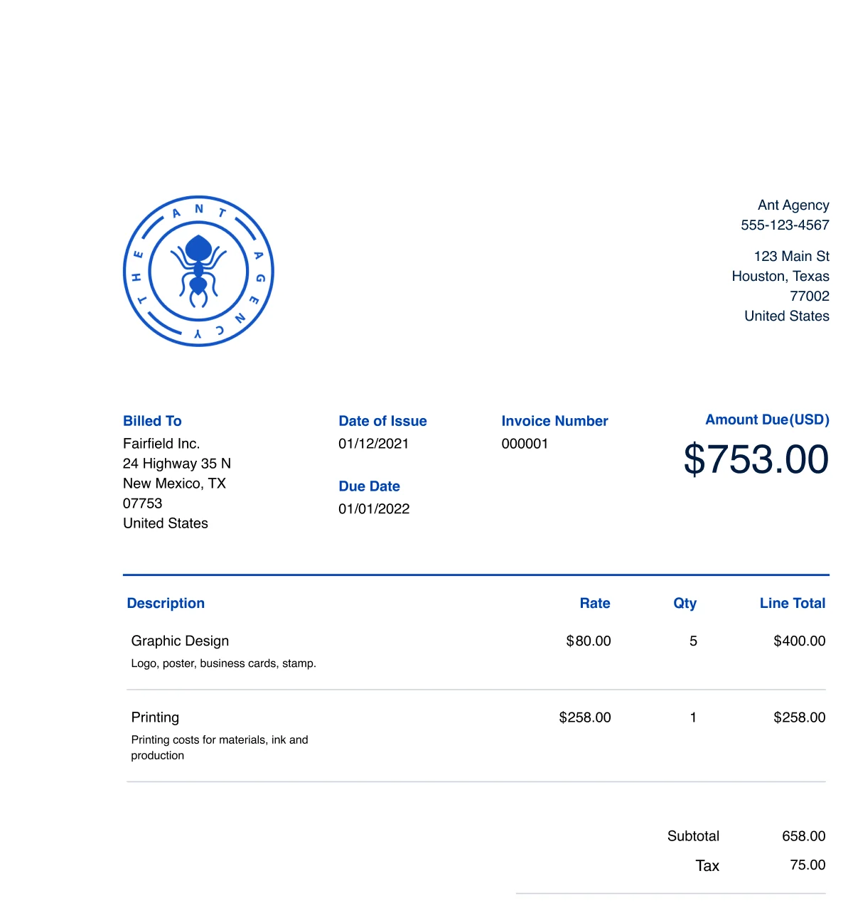 FreshBooks invoice creation interface showing professional invoice layout with payment options