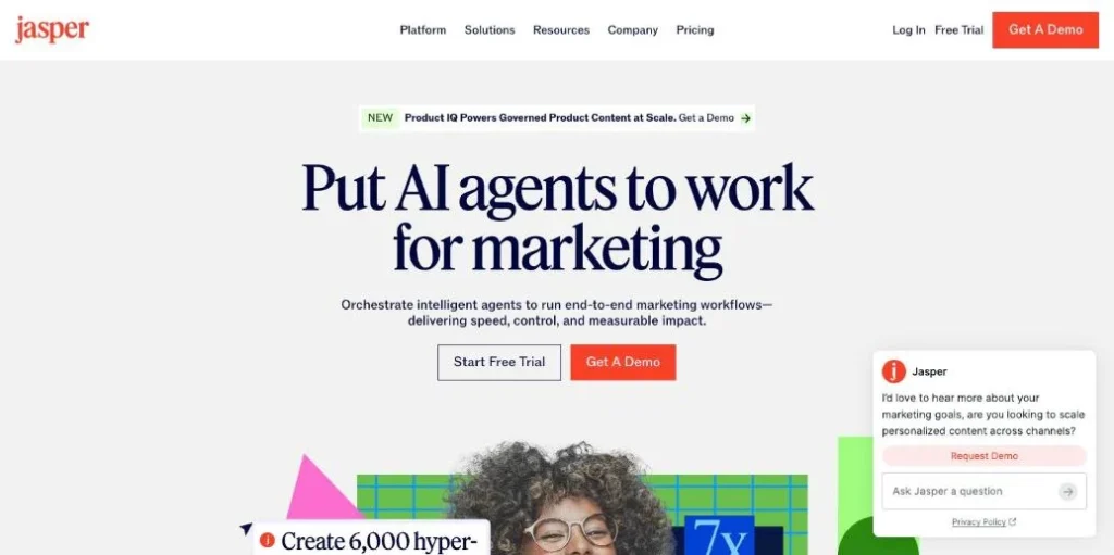 Jasper AI marketing platform homepage - Put AI agents to work for marketing