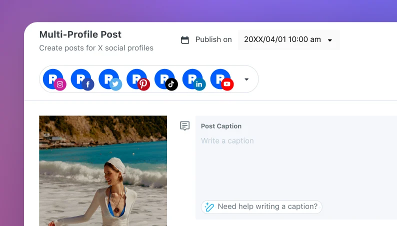 Later multi-platform scheduling interface showing posts queued for Instagram, TikTok, and Facebook