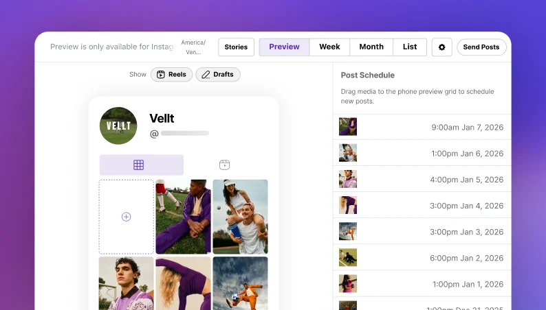 Later visual feed planner showing Instagram grid preview with drag-and-drop post scheduling
