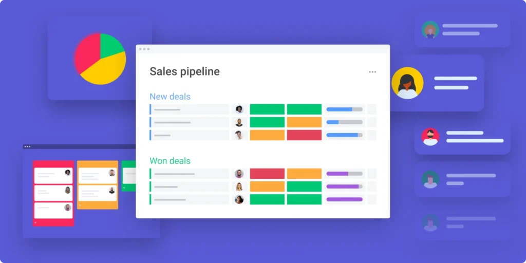 Monday.com dashboard overview showing multiple project boards and team workloads