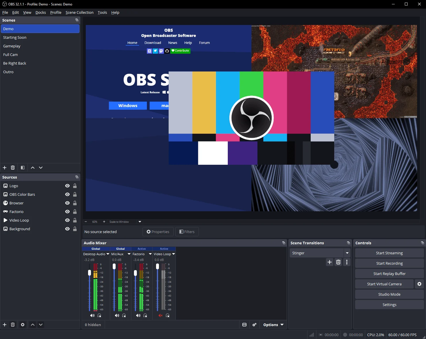 OBS Studio open source screen recording and streaming interface