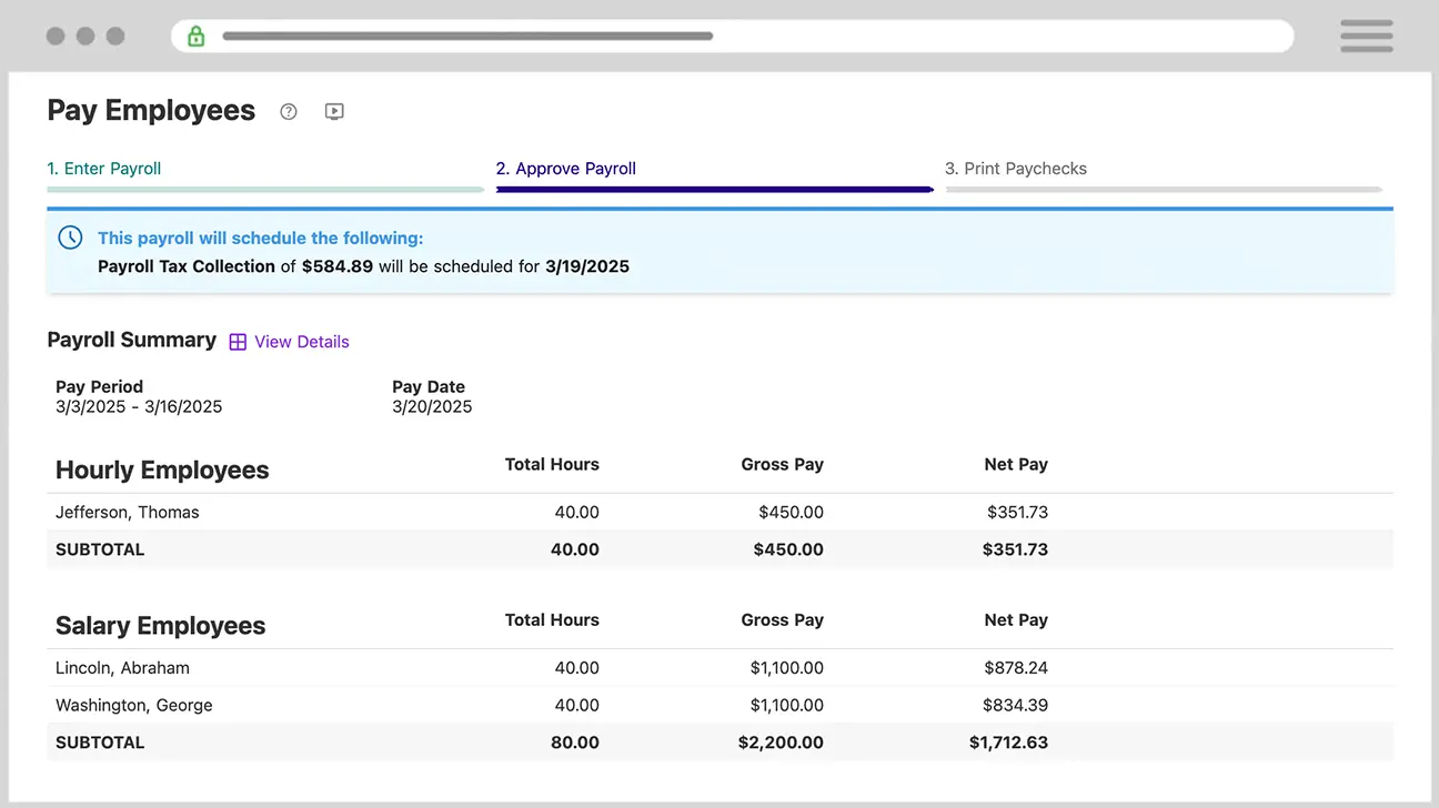 Patriot Payroll approve payroll screen showing payroll approval interface