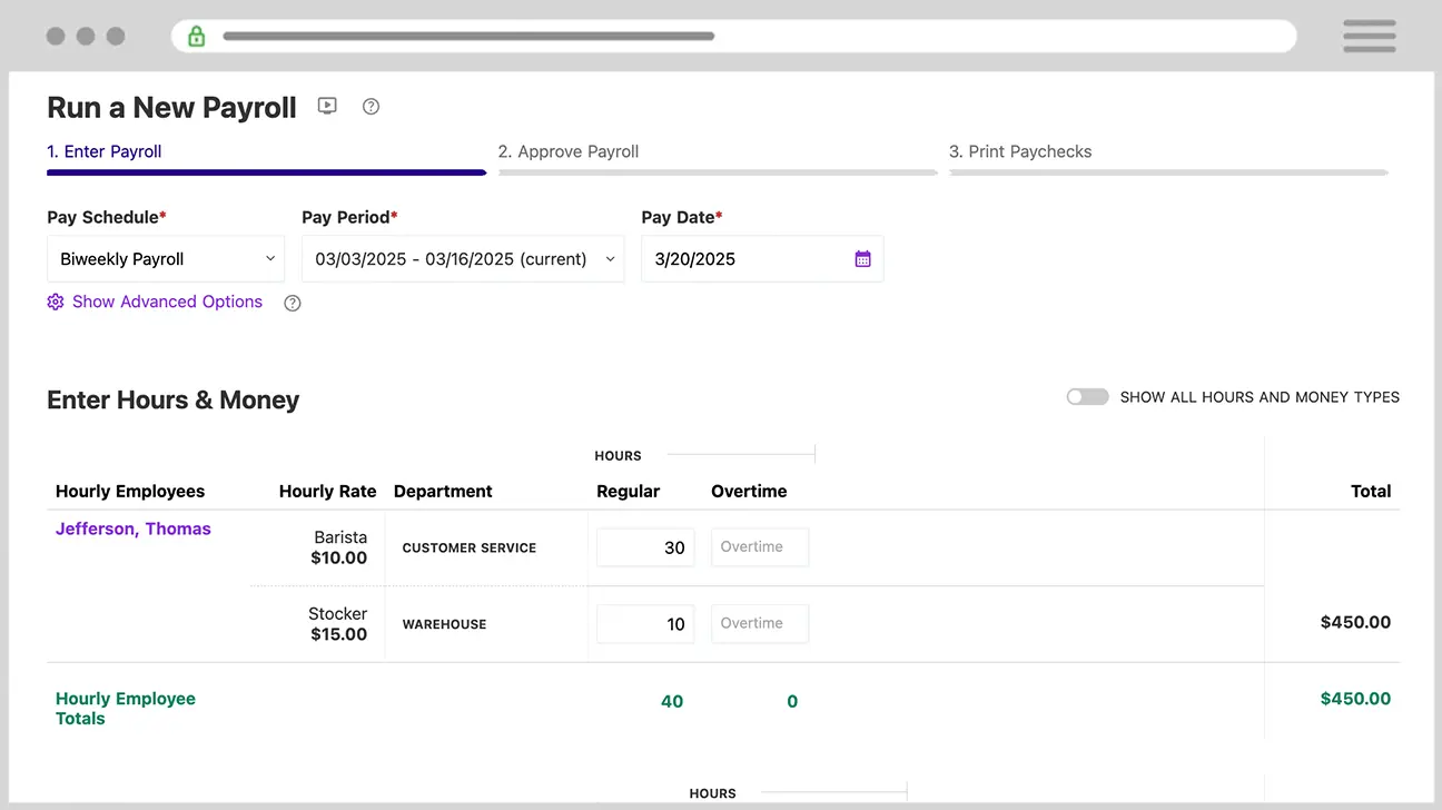 Patriot Payroll enter hours screen showing employee hours entry interface