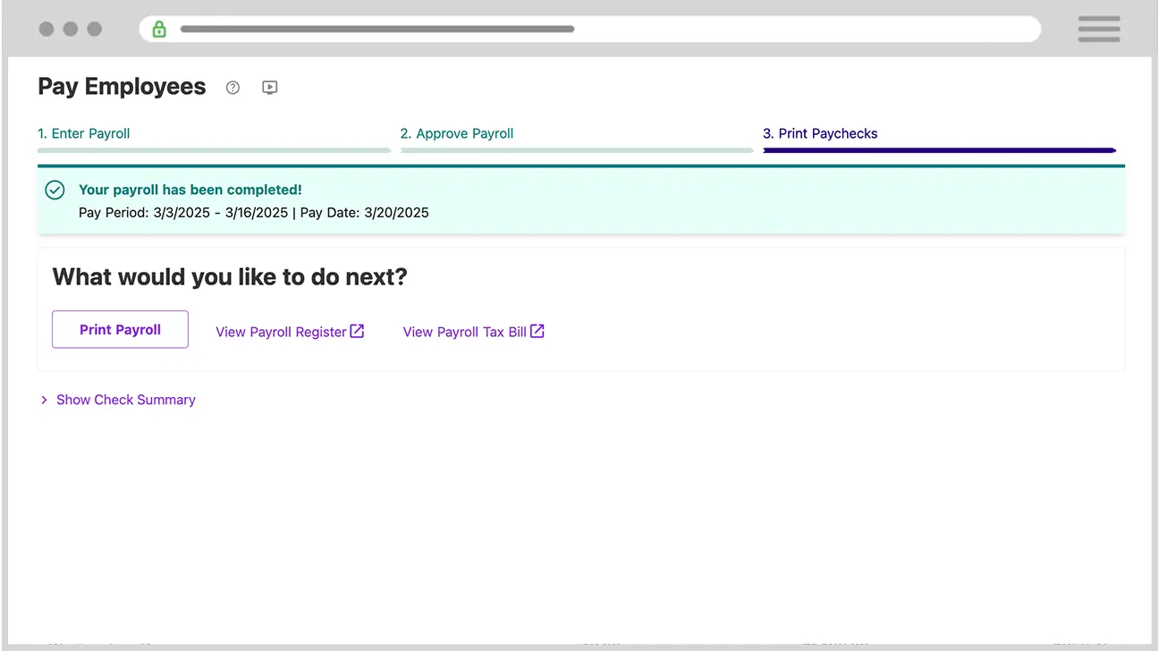 Patriot Payroll pay employees screen showing paycheck options