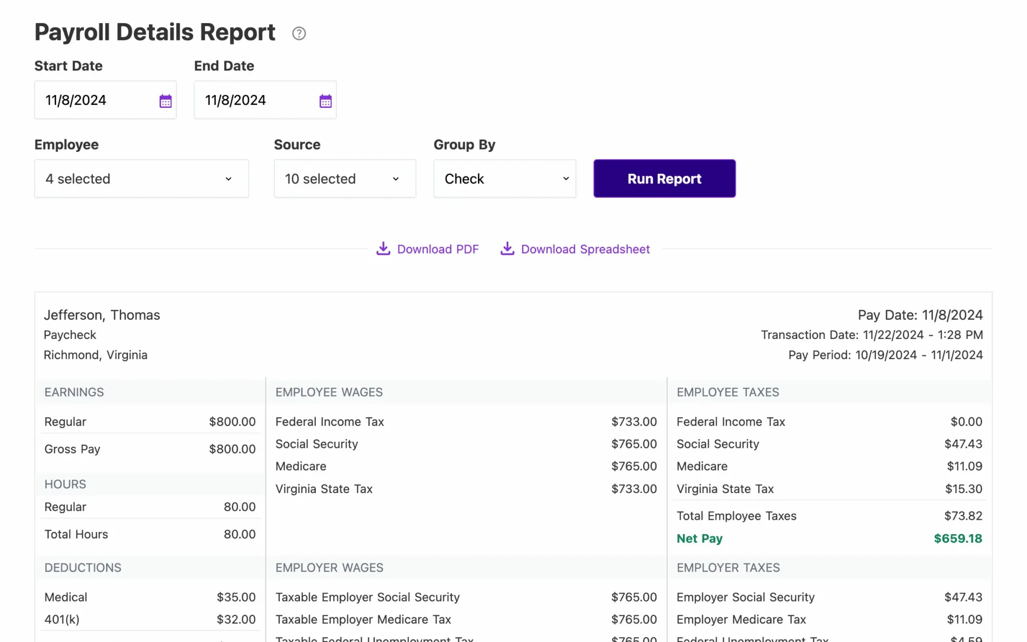 Patriot Payroll reports screen showing year-to-date payroll details