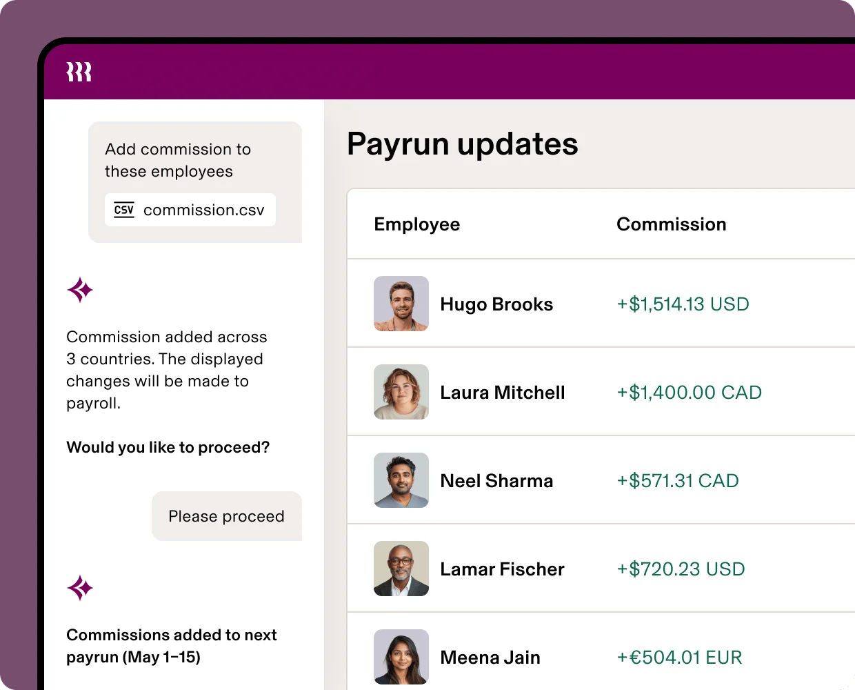 Rippling payroll dashboard showing multi-currency pay run updates across USD, CAD and EUR