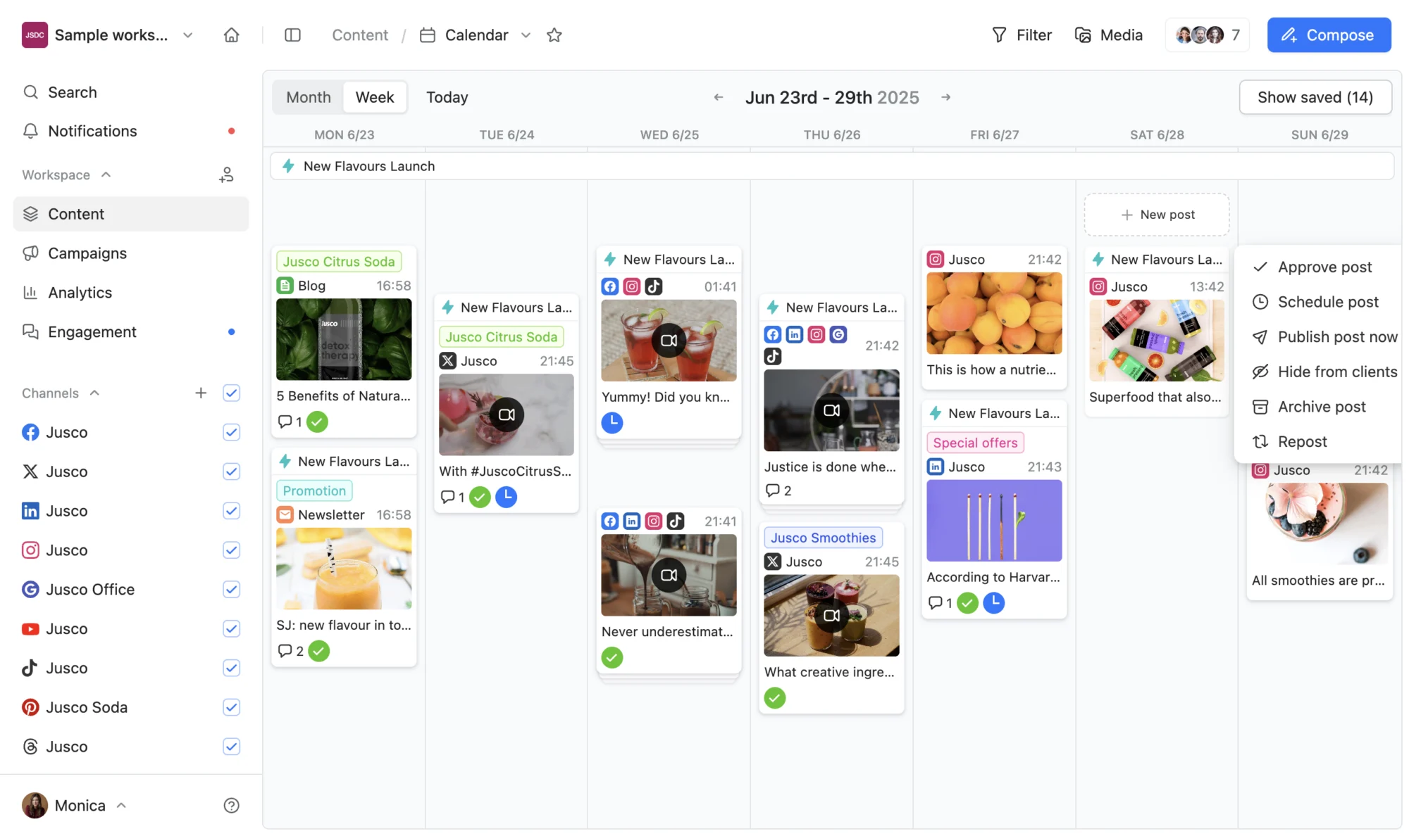 Planable content calendar showing team collaboration with comments and approval status on scheduled posts