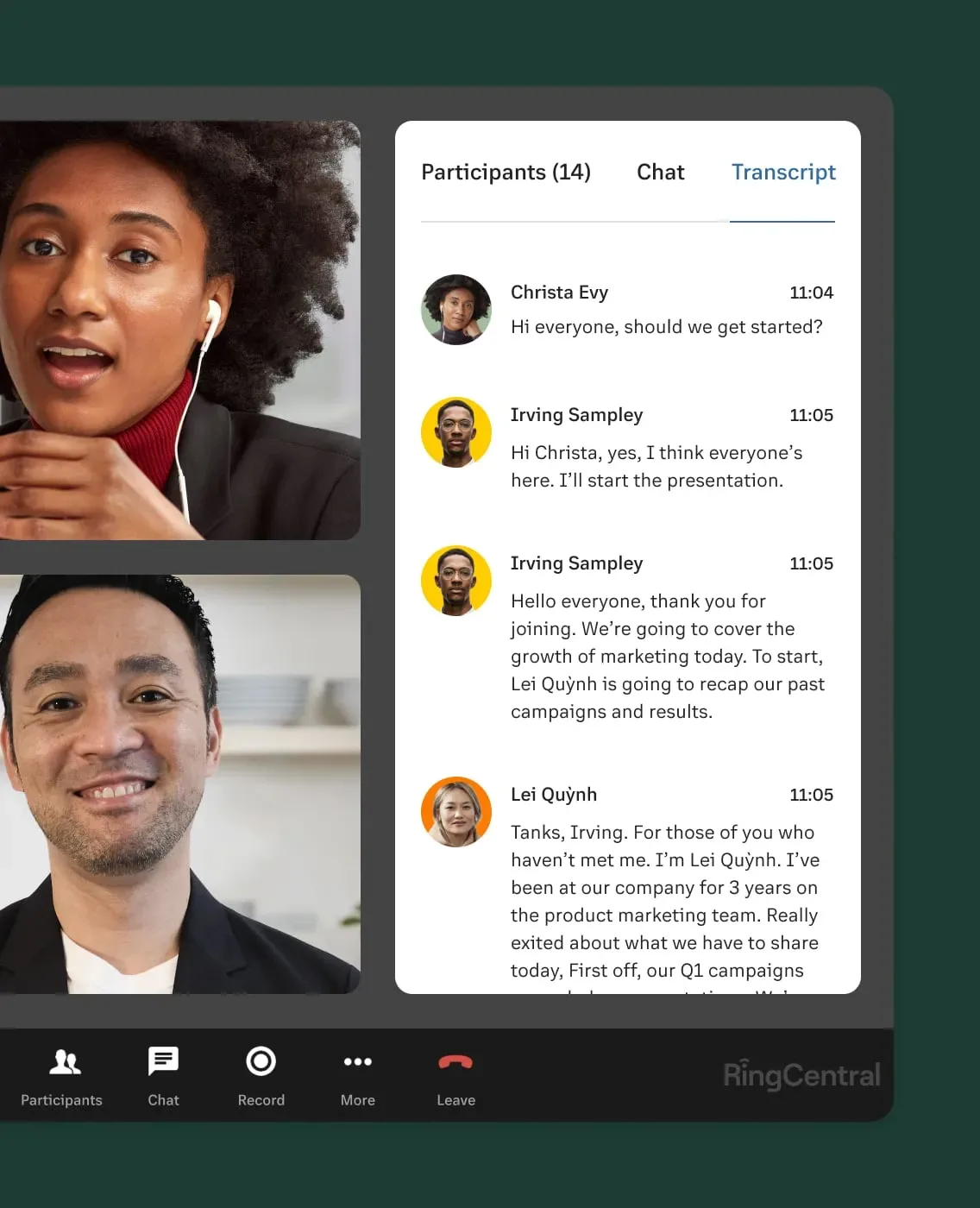 RingCentral Video live transcription feature during a meeting