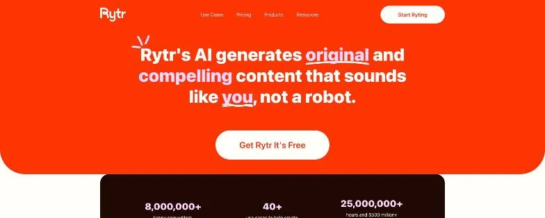 Rytr AI writing tool homepage showing the text editor interface and pricing options