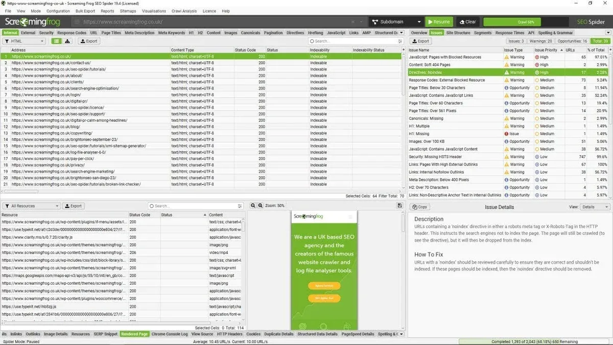 Screaming Frog SEO Spider crawl results showing technical issues