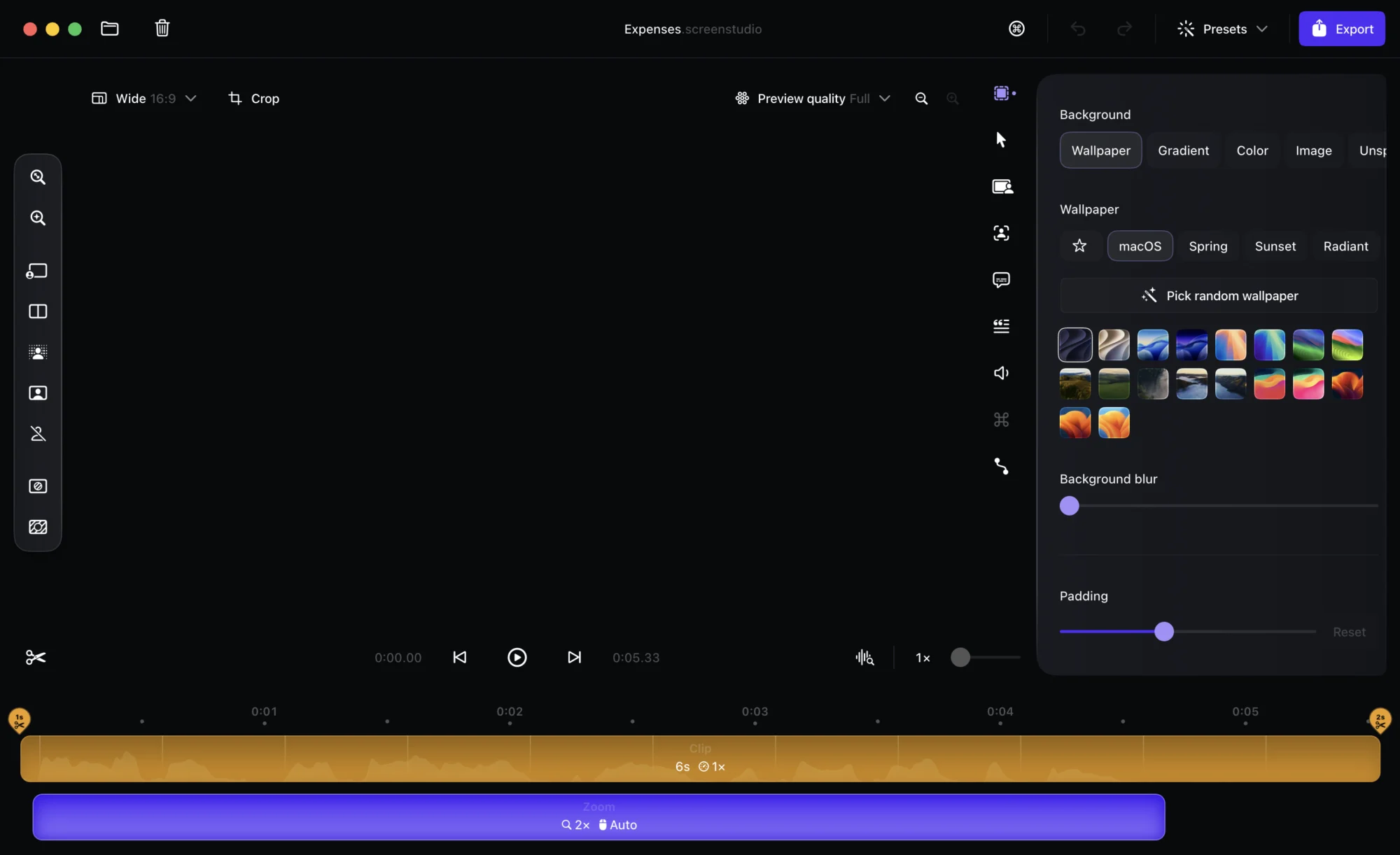 Screen Studio Mac app showing the video editing interface with zoom and animation features
