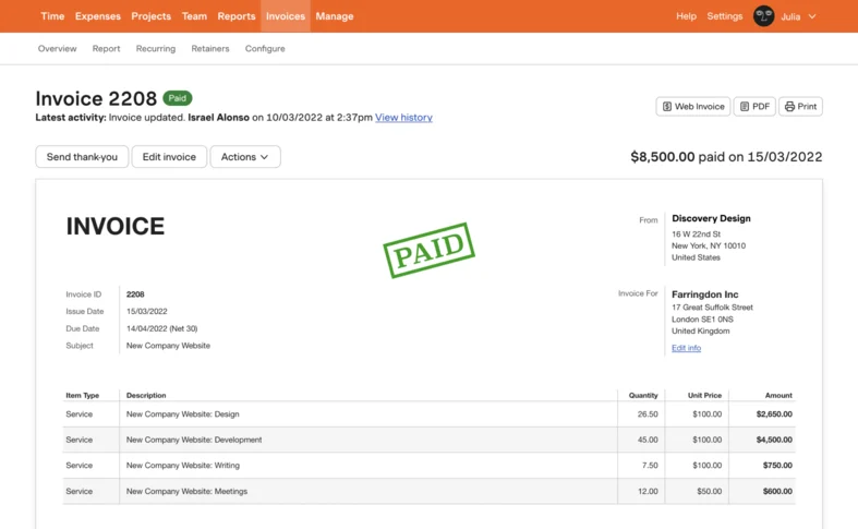 Harvest invoicing screen showing time-tracked hours converted to a client invoice