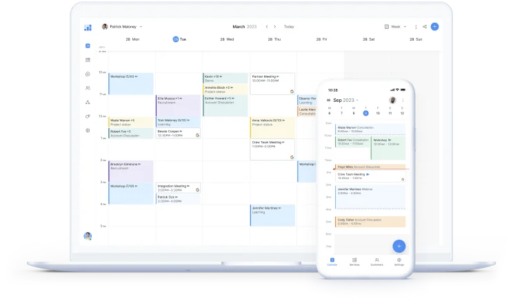 Setmore calendar management view showing staff appointments and daily schedule