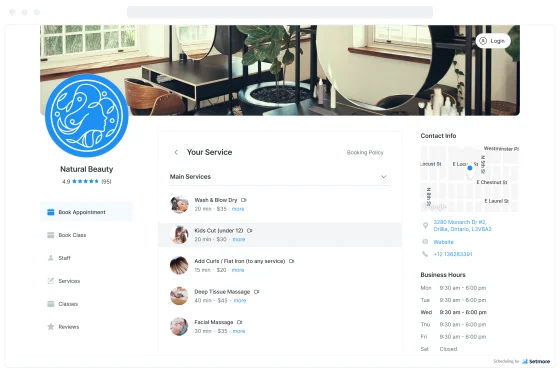 Setmore online booking page showing services, staff selection and available time slots