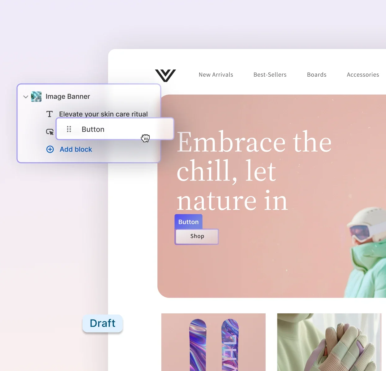 Shopify website builder showing drag-and-drop section editor with product layouts