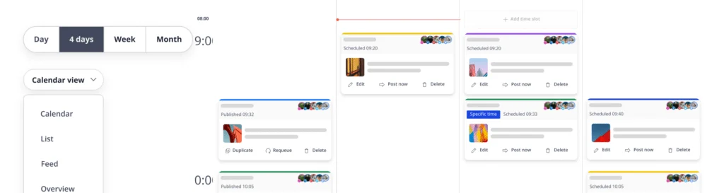 SocialBee content calendar showing scheduled posts across multiple social networks