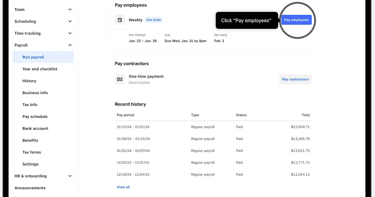 Square Payroll software interface screenshot