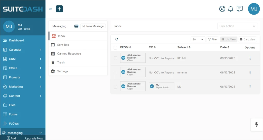 SuiteDash project management view showing task tracking and client billing dashboard