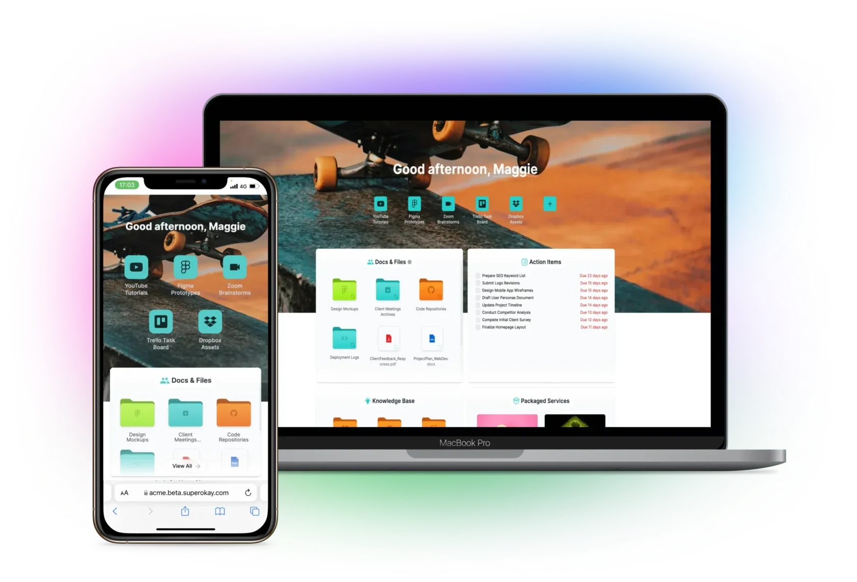 SuperOkay client portal showing responsive design across desktop and mobile devices