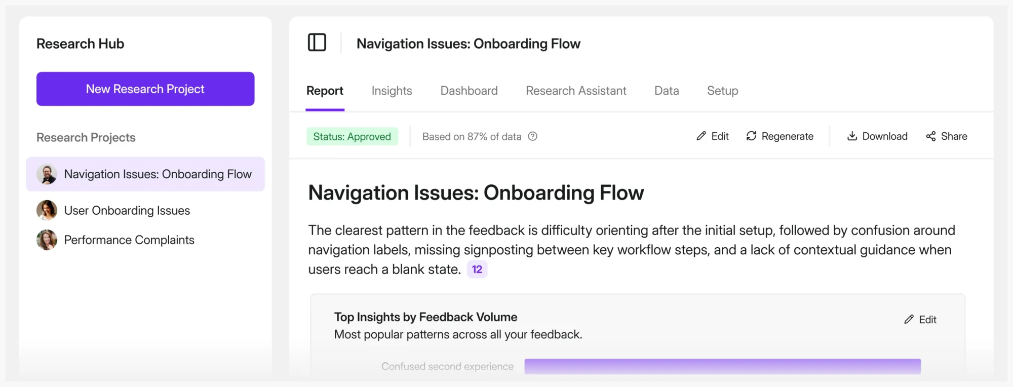 Survicate AI Research Hub showing automated feedback analysis and theme extraction from multiple sources