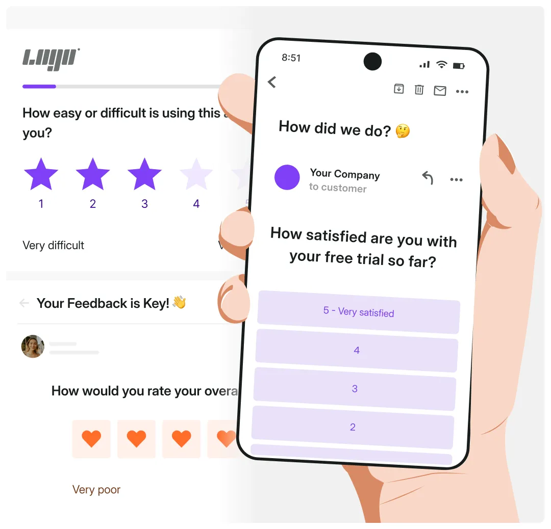 Survicate multi-channel survey builder UI showing email and in-app survey templates