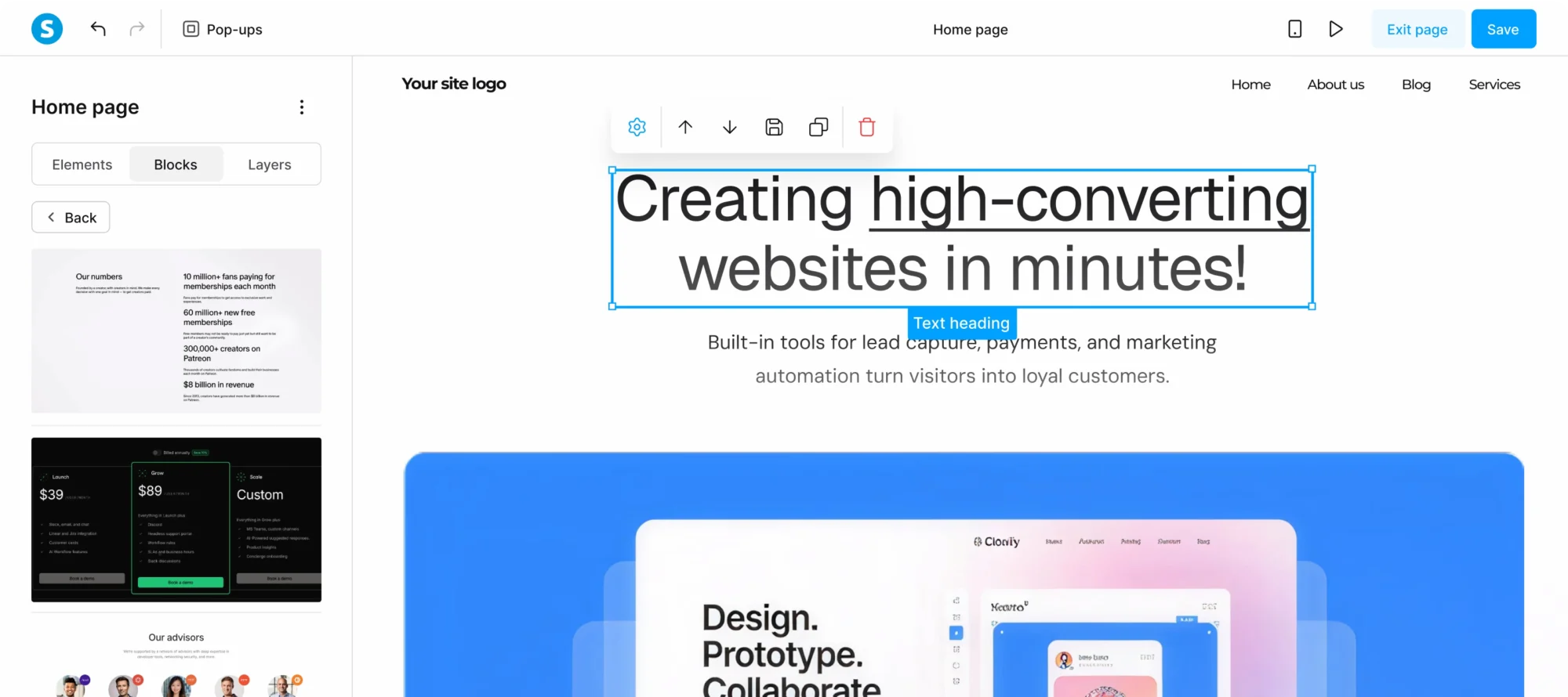 Systeme.io page editor showing drag-and-drop blocks for course and funnel building